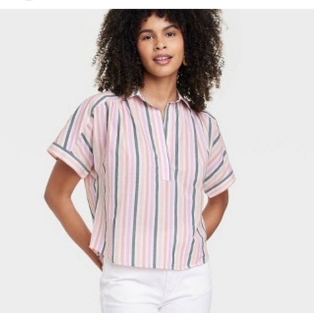UNIVERSAL THREAD WOMEN'S STRIPPED CROP TOP BLOUSE. LARGE. NWT
